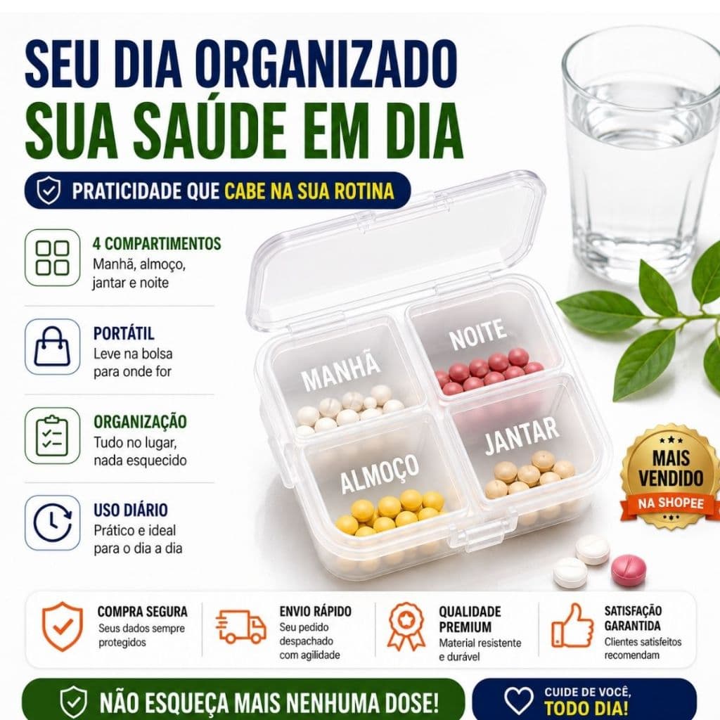 Porta Comprimidos Organizador de Medicamentos Vitaminas 4 Divisórias Diário Portátil