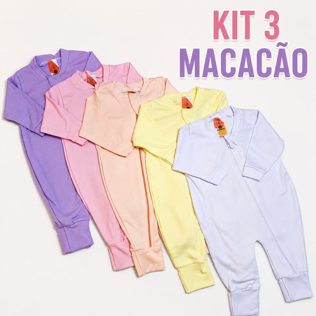 KIT 3 Macacão com zíper bebê menina Canelado Sortidos - Serafina