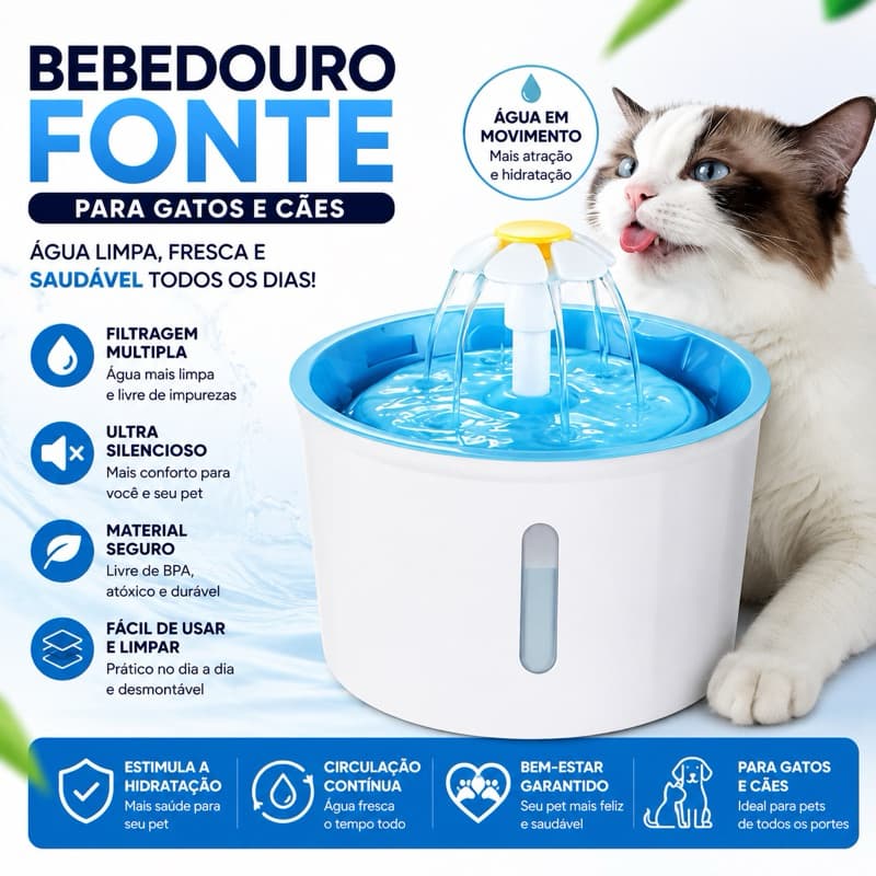 Bebedouro Fonte Automático para Gatos e Cães com Filtro Água Elétrico Silencioso 2L