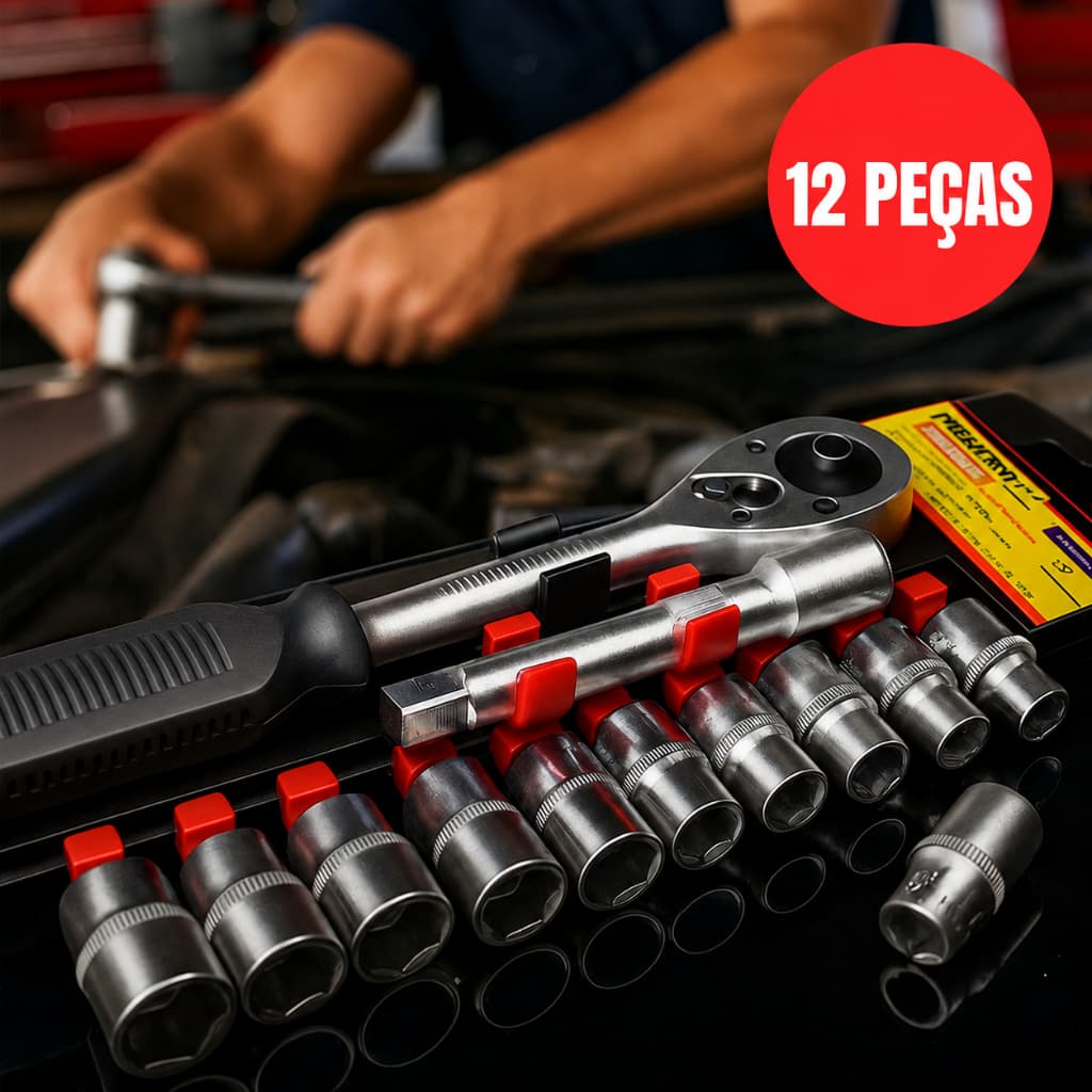 Jogo de Soquetes Profissional Catraca Reversível 1/2 Polegada 8 a 24mm 12 Peças Aço Cromo