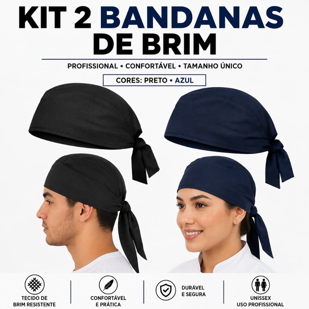 Kit 2 Bandana Cozinha Unissex  - Touca Garçom Chef Barman Confeitaria Padaria Unifrome Restaurante