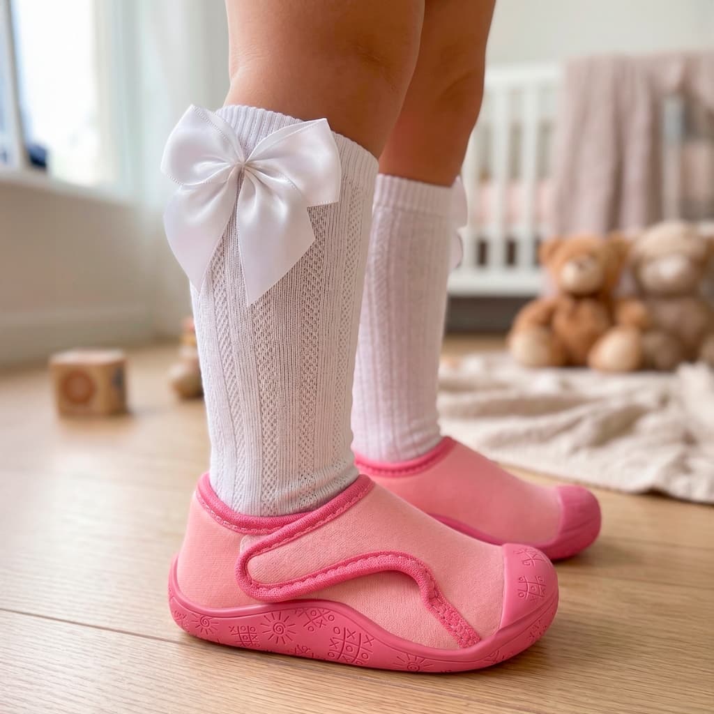 Kit Sapatinho de Bebê Menina e Menino Macio e Leve com Meia Branca Laço Cetim