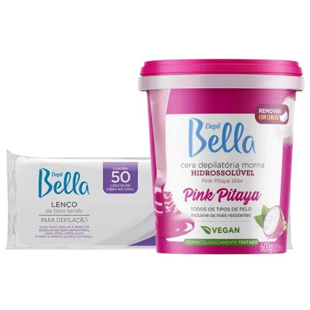 Kit Cera Depilatória Depil Bella Hidrossolúvel Pitaya 600g e Folhas Depilatórias 50 UN