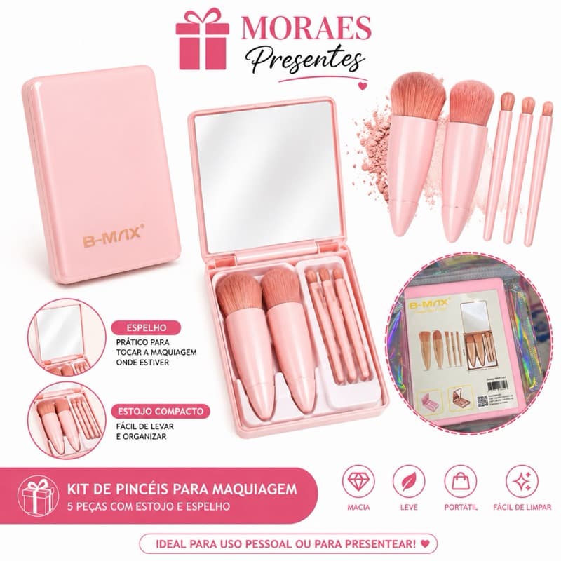 Kit 5 Pincéis B-MAX com estojo e espelho, cerdas macias, portátil, ideal para maquiagem e viagens.