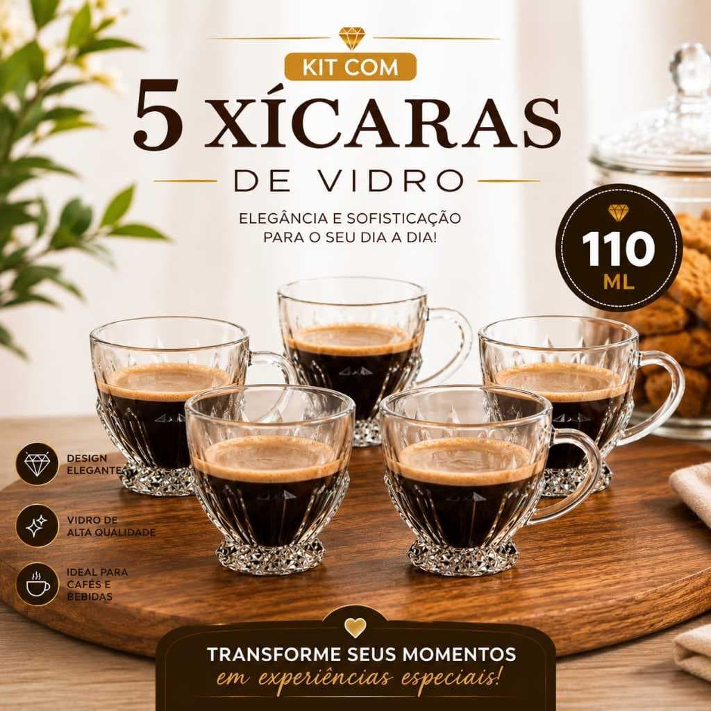Kit Com 5 Jogo de  Xícaras de Vidro Transparente  Durabilidade Elegância E Praticidade 110 mL Jogo De Xicaras 110 Ml
