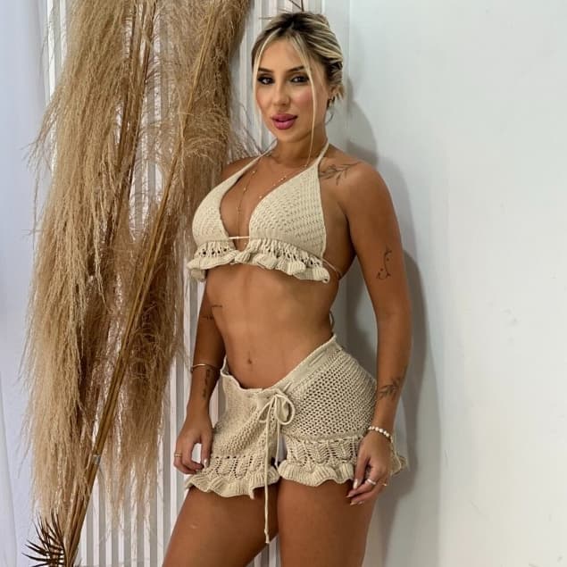 Conjunto Feminino Crochê – Top Cortininha + Saia Curta com Amarração | Moda Praia Elegante Verão