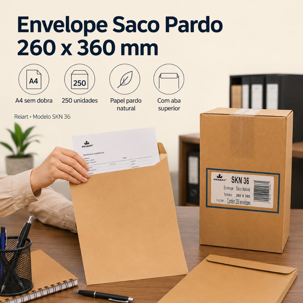 250 Envelopes Papel Saco Pardo 26x36 Para Arquivo de Documentos Folhas A4 Escritório Correspondência