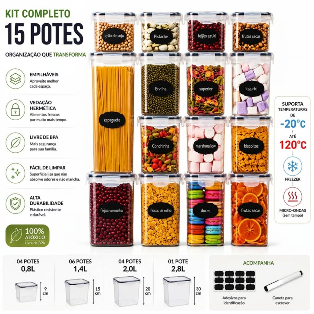 Kit 15 Potes Hermético Cadencia Mantimentos Quadrado Freezer Micro-ondas 22,4L Com Adesivos e Canetinha