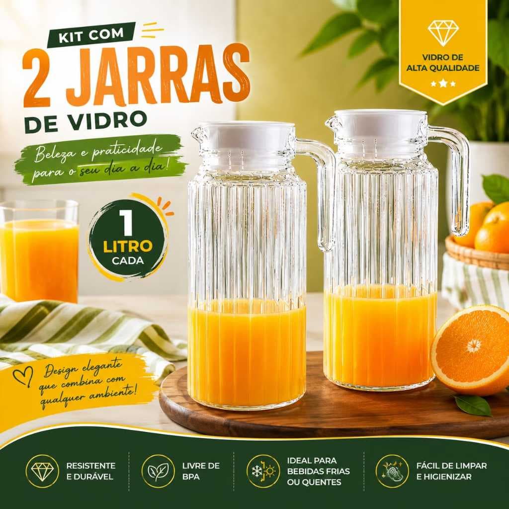 Kit Com 2 Jarras De Vidro Com Tampa 1 Litro  Elegancia Praticidade Suco Agua Jarra De Vidro