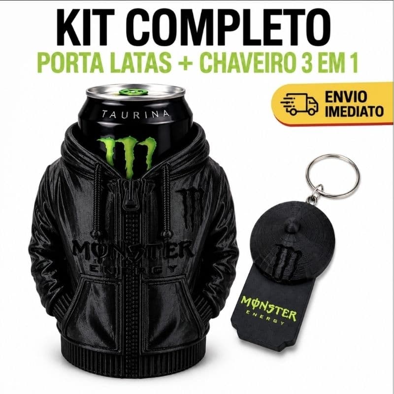 Kit Porta Latas Monster + Chaveiro 3 em 1 Abridor Tampa Porta Copo Moletom 3D Decorativo Presente Criativo