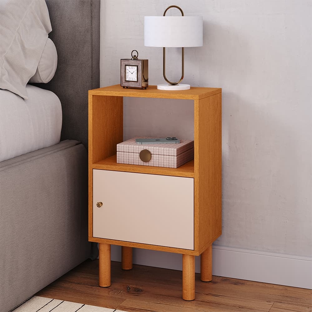 Mesa de Cabeceira Retrô com Porta, Nicho Multiuso e Pés Palito – Design Moderno em Duas Cores