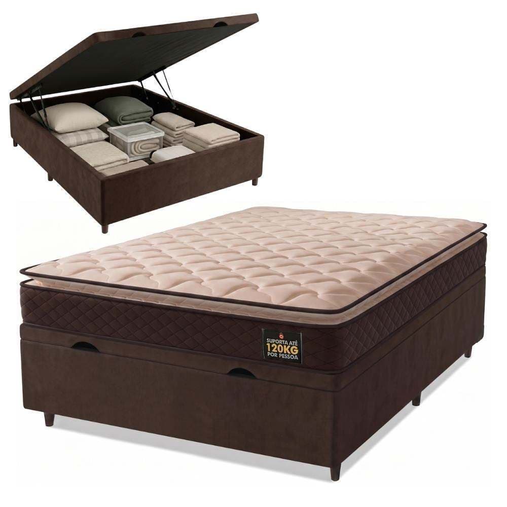 Cama Box Baú Casal Colchão Espuma D33 Pillow Top Millenium 138x188x60cm Marrom Hellen