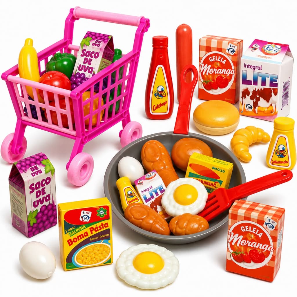 Kit De Comidinhas E Frigideira Infantil De Brinquedo + Carrinho Supermercado Frutas e Legumes