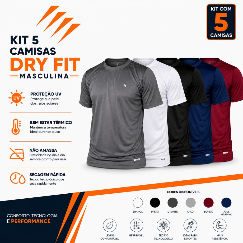 Kit com 5 Camisetas Masculinas Dry Fit com Elastano Academia Esportiva Treino Crossfit Proteção UV Conforto Térmico