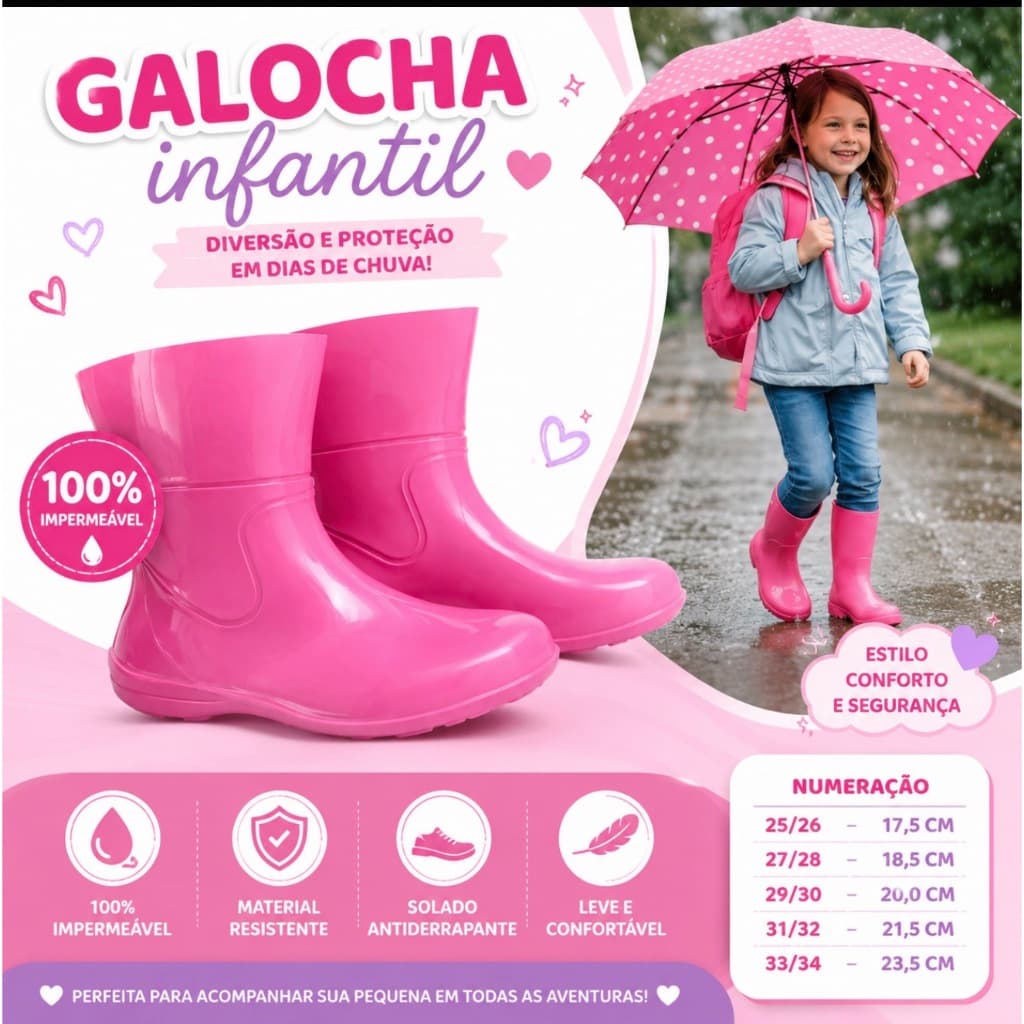 Galocha Infantil Bota Menino MENINA  impermeave limpa facil 19 Ao 34 leve confortavel