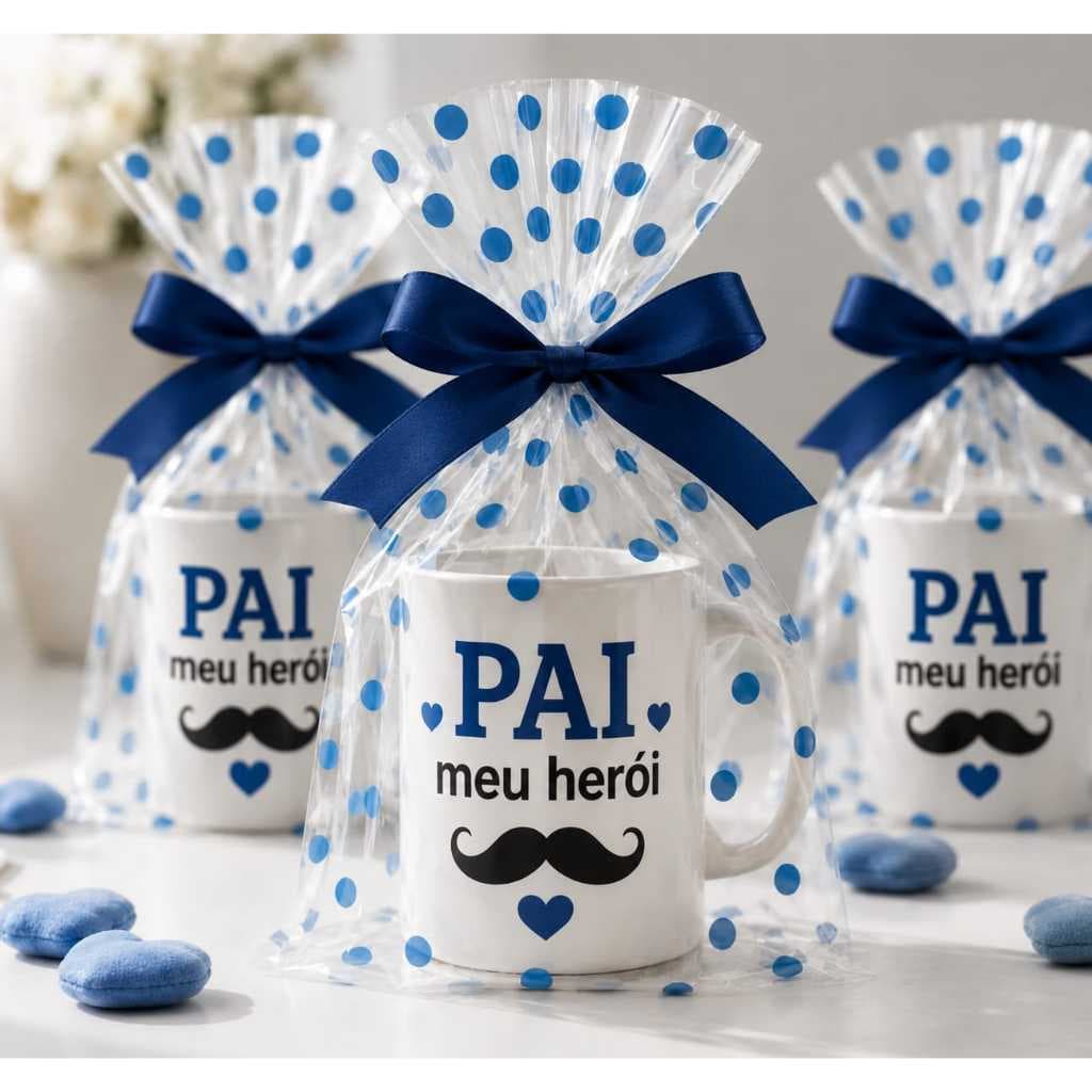 Kit 50 sacos de celofane + 50 laços mágicos para caneca - várias estampas - datas comemorativas - Dia dos pais