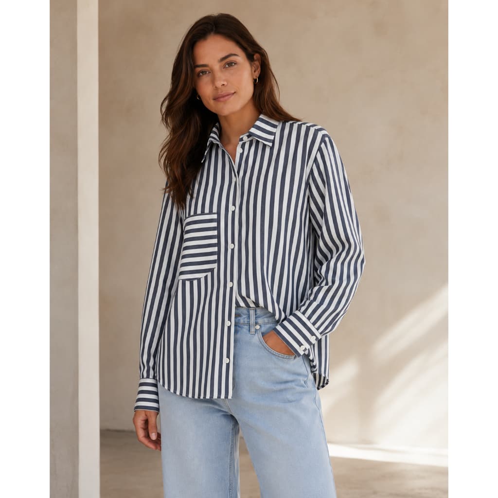 CAMISA FEMININA LISTRADA MANGA LONGA SOLTA TENDENCIA ALGODAO PREMIUM MODA