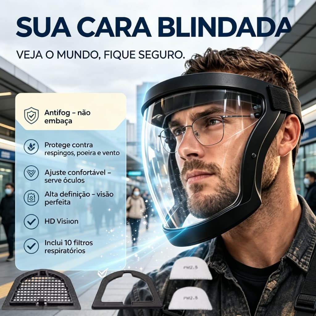 Viseira Facial Antifog e Antipoeira – Protege contra Respingos, Compatível com Óculos, Reutilizável S2