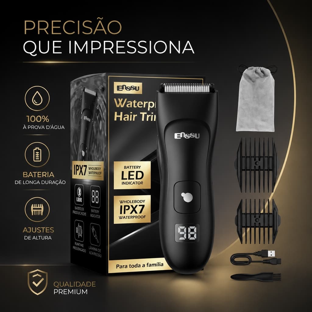 Aparador de Pelos Masculino ENSSU Profissional IPX7 Impermeável Lâmina Cerâmica Carregamento Rápido USB Baixo Ruído