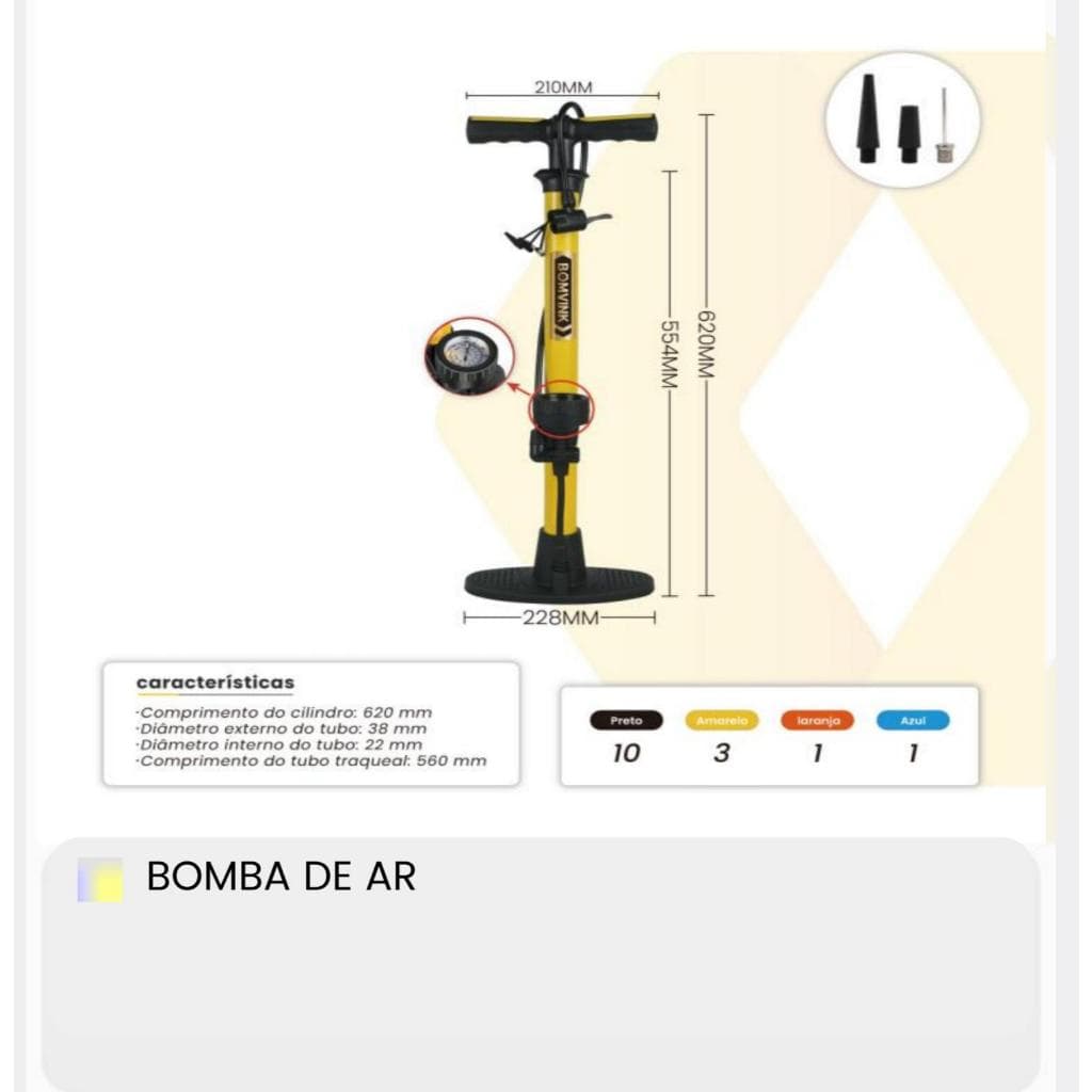 Bomba de Ar Manual com Manômetro Pressão para Bicicleta, Moto, Bola