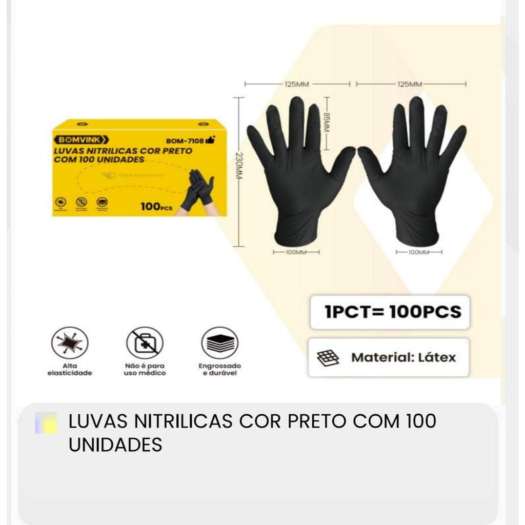 Luvas Nitrílicas Pretas Descartáveis Pacote com 100 Unidades Resistentes