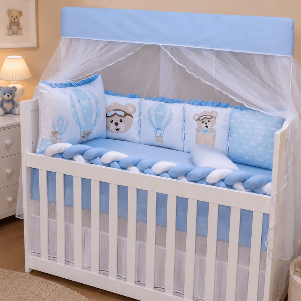 Kit Berço Urso Baloeiro Azul 13 Peças Bebê Menino Enxoval Completo Almofadinhas Mosquiteiro