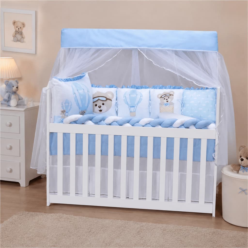 Kit Berço 13 Peças Bebê Menino Urso Baloeiro Azul Almofadinhas Trança Berço Americano Luxo Completo