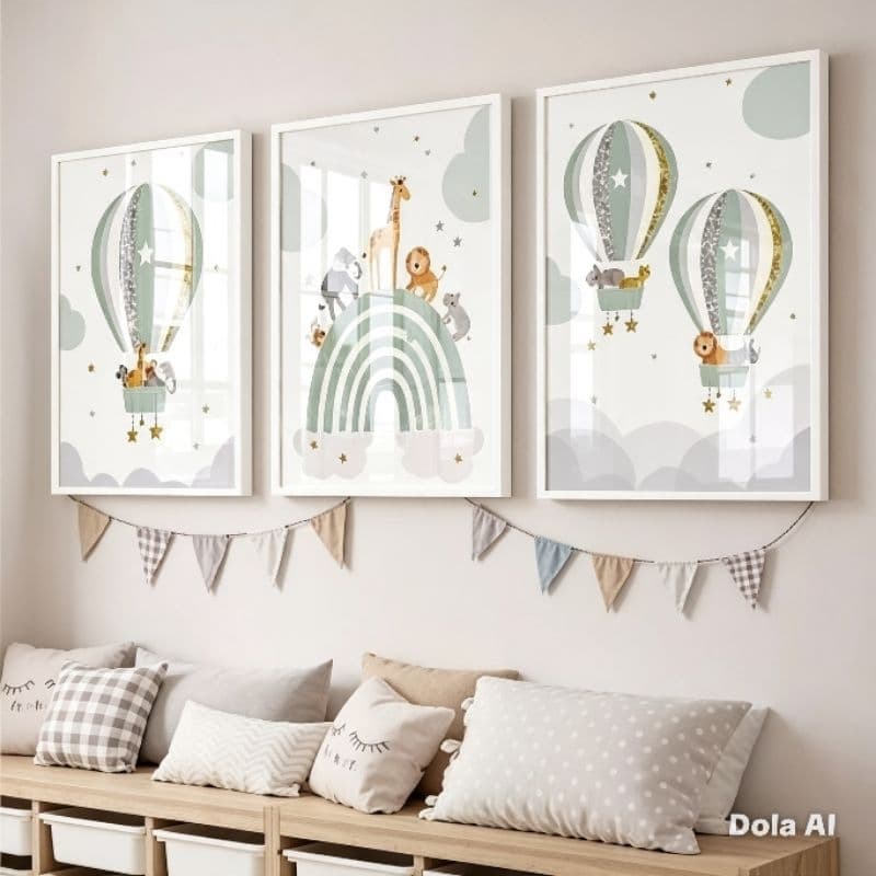 Quadro Moldura e Vidro Kit Três Peças Animais Safari Decoração Quarto Bebê Balões Arco Íris Nuvens