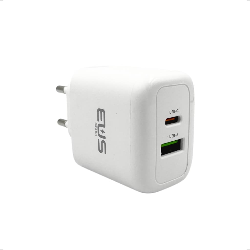 Fonte Bivolt 30W Carregador Turbo EUS 2 Portas USB-A USB-C Branco