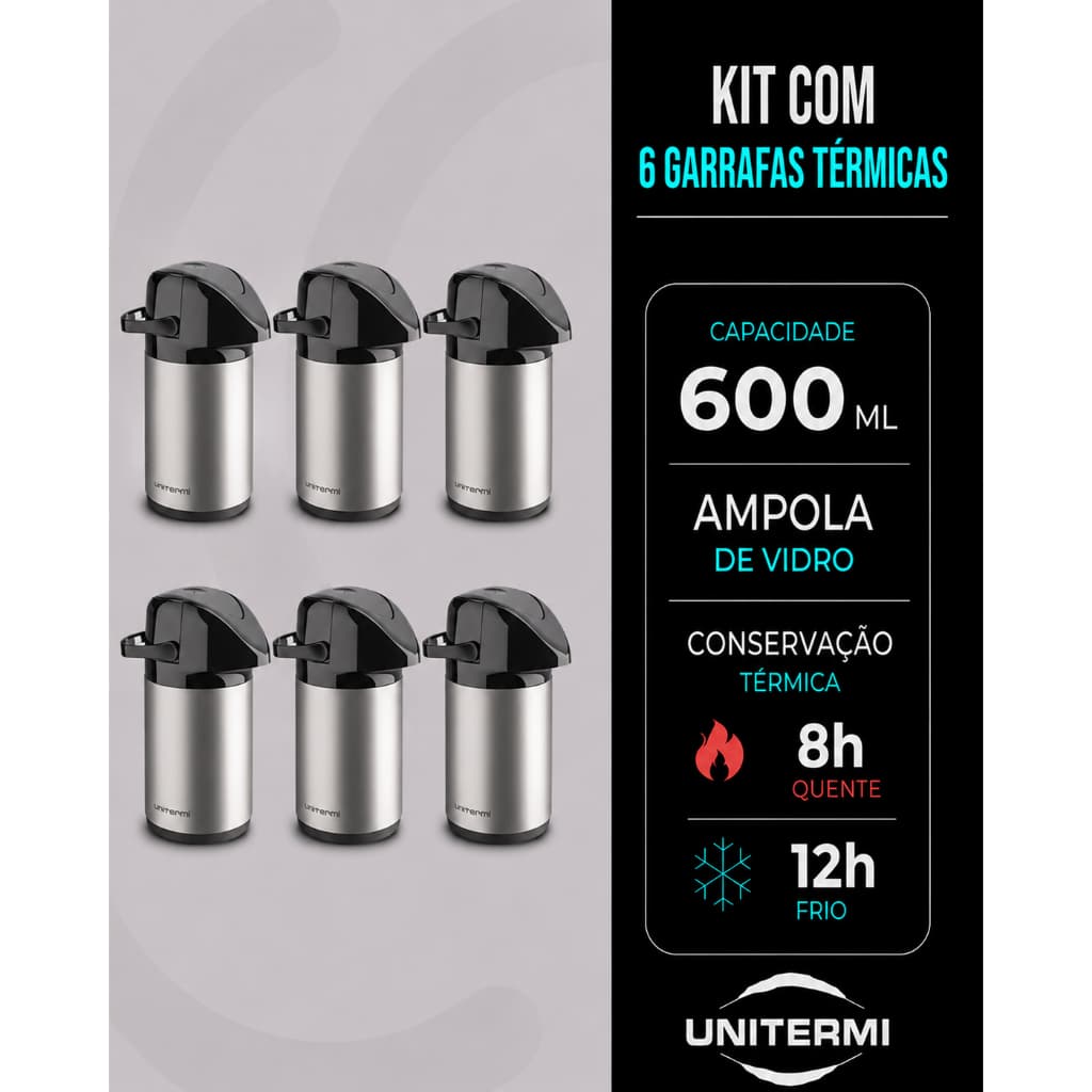 Kit 6 Garrafas Térmicas Inox 600ml Unitermi Verona Conserva Bebidas Quentes e Frias Ampola de Vidro