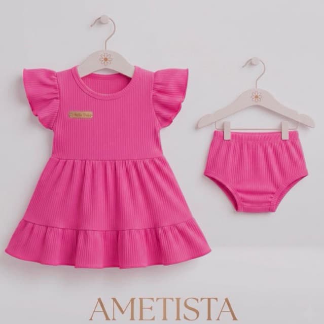 Kit Vestido Bebê Menina + Calcinha Tapa Fralda Roupa Infantil Confortável em Malha Canelada Veste até 7 Meses