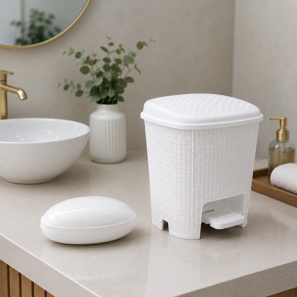 Kit Lixeira Banheiro com Pedal 6L + Porta Sabonete com Tampa Saboneteira Rattan Lavabo Organizador