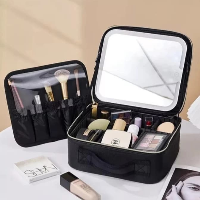 Kit Maleta Maquiagem completo Profissional Com Espelho e Luz Led e paleta de maquiagem