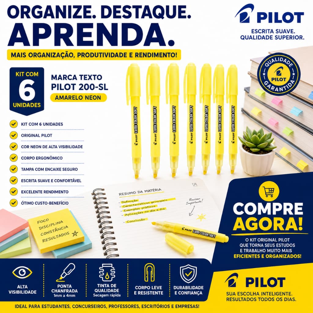 Kit 6 Marca Texto Amarelo Fluorescente Pilot