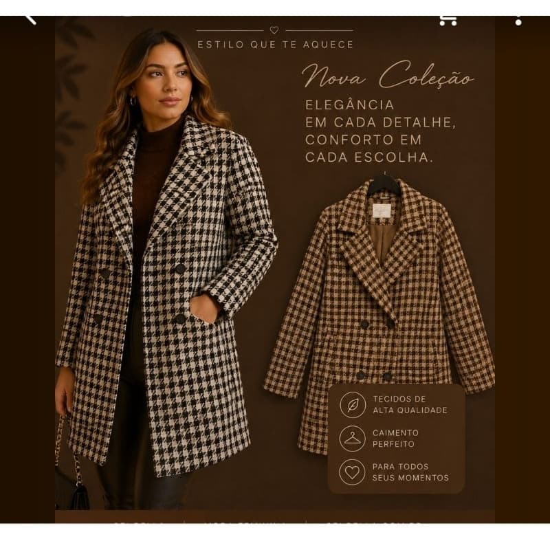 casaco xadrez de tweed marrom  apresenta um corte estilo sobretudo com forro para aquecimento.
