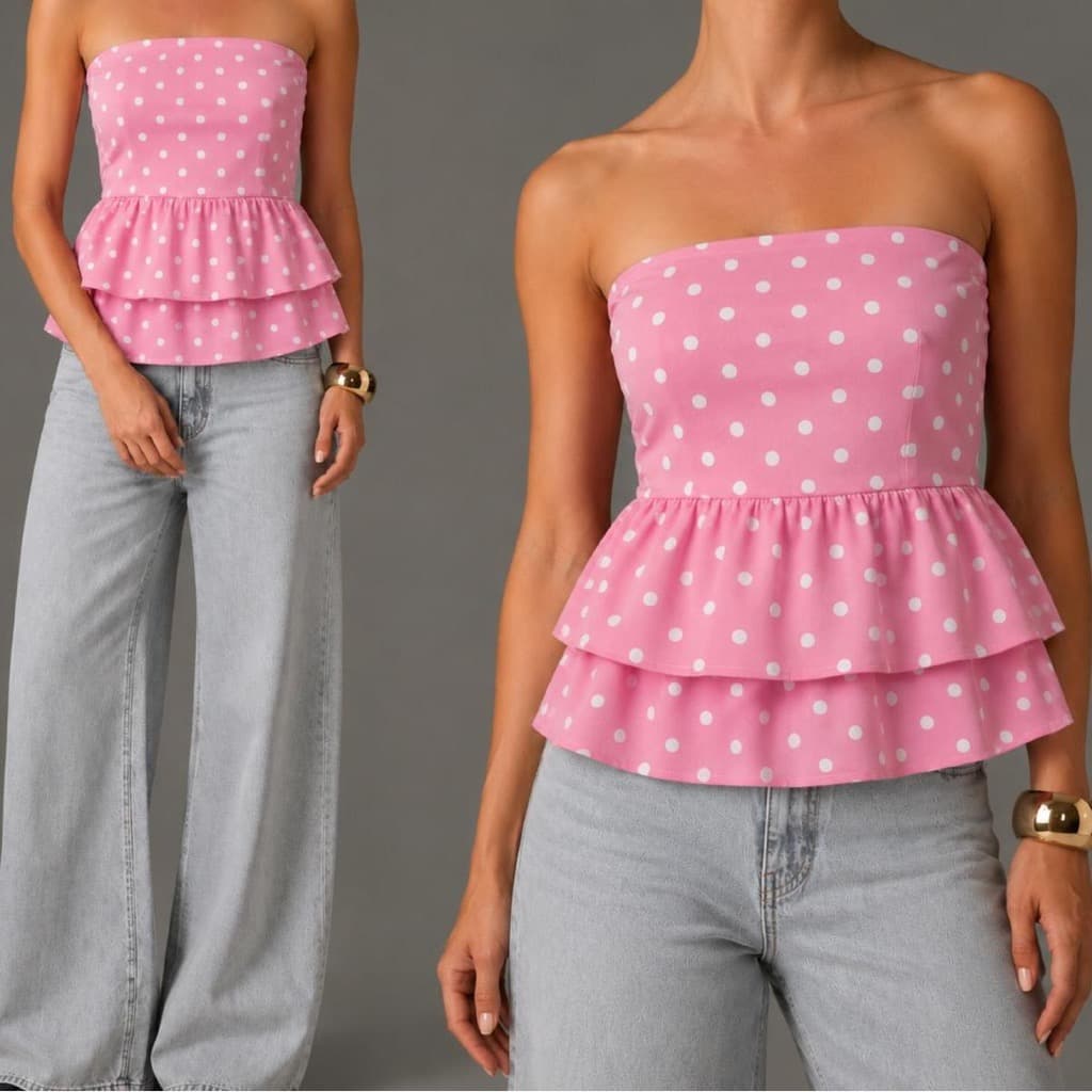 Blusinha Feminina Tomara que Caia Poá com Duplo Babados Elegante Moda Casual