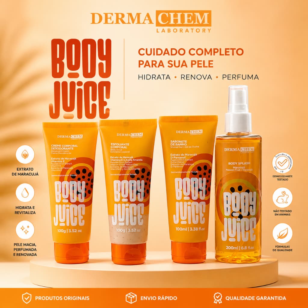 Kit Body Juice Dermachem Original 4 Itens – Body Splash + Creme Corporal + Sabonete Líquido + Esfoliante Corporal