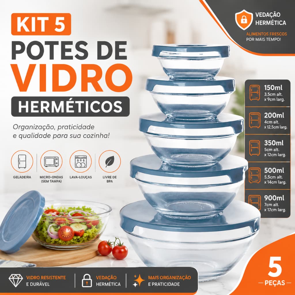 Kit 5 Potes de Vidro Herméticos com Tampa Hermético Mantimentos Cozinha Organizador Alimentos*
