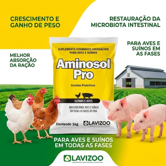 Aminosol Pro Lavizoo 1kg Núcleo p/ Misturar Ração Aves e Suínos