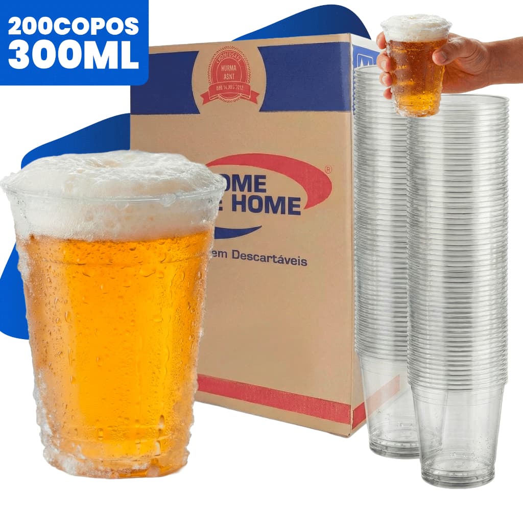 Copos Descartável 330 ML Chopp Cerveja Agua Suco Refrigerante Liso Resistente Transparente 50/100/200 Unidades