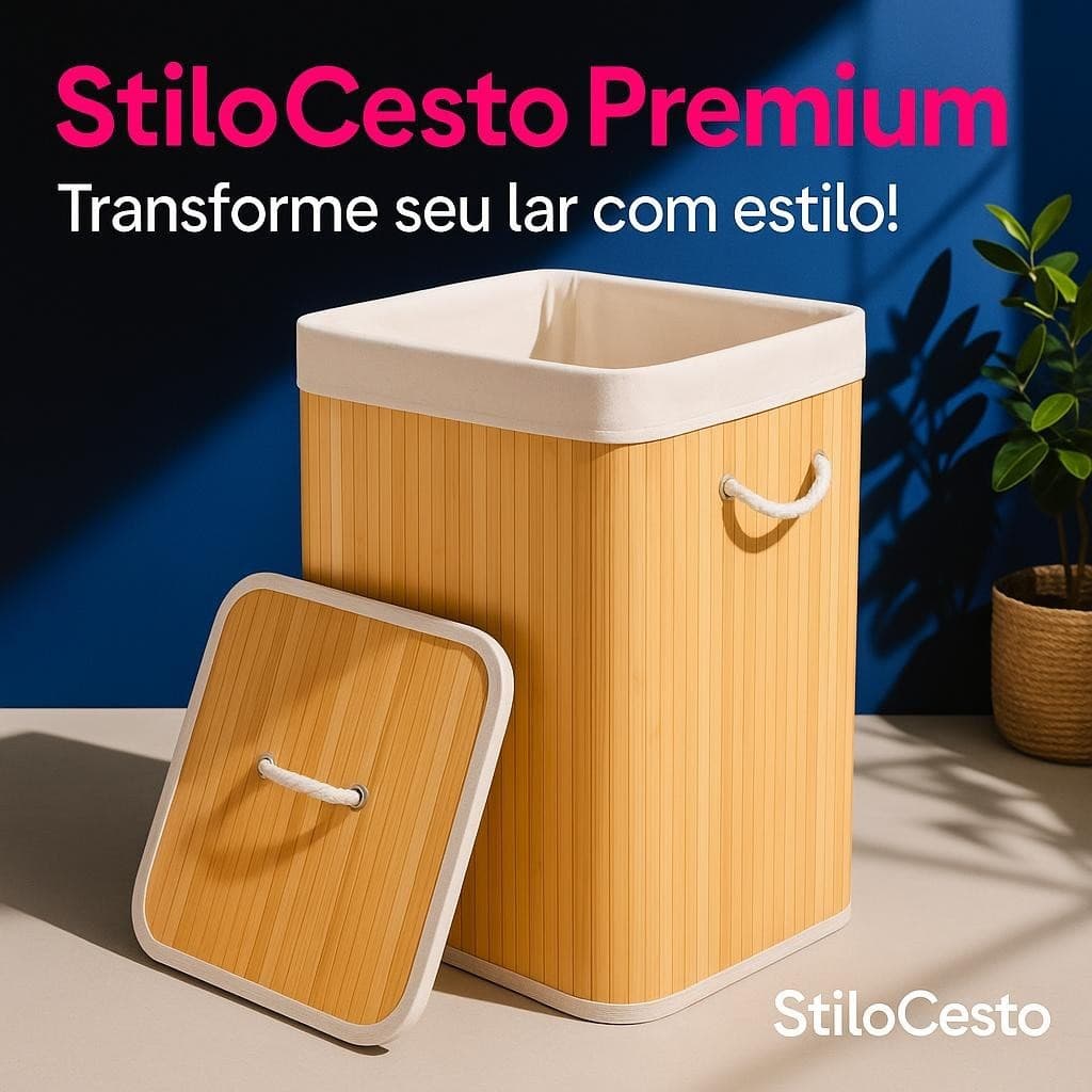 Cesto Organizador Bambu Grande Capacidade 70L Com Tampa e Alças