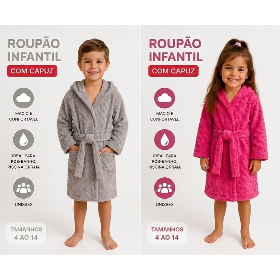 Roupão Infantil Felpudo Manta Soft Com Capuz Unissex Tam 2 ao 8