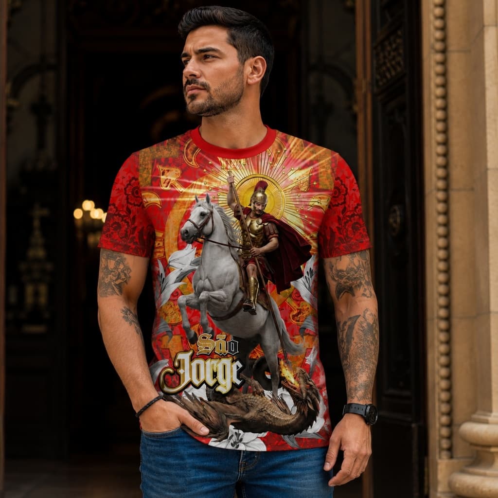 Camiseta São Jorge Full Print Masculina 100% Poliéster – Estampa Católica Sublimada, Manga Curta, Confortável