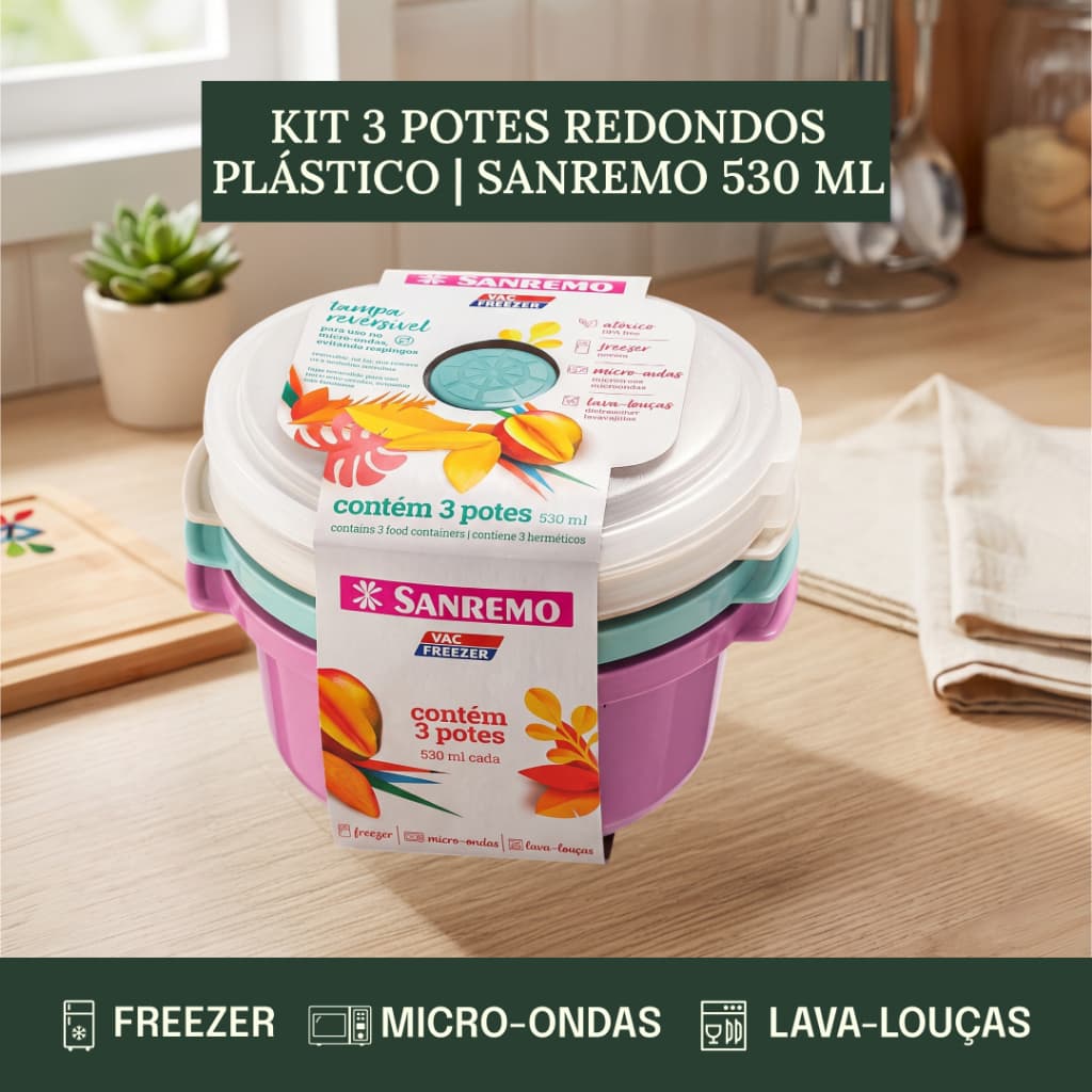 Conj 3 Potes Redondos Plásticos Sanremo 530ml Linha Vac Freezer