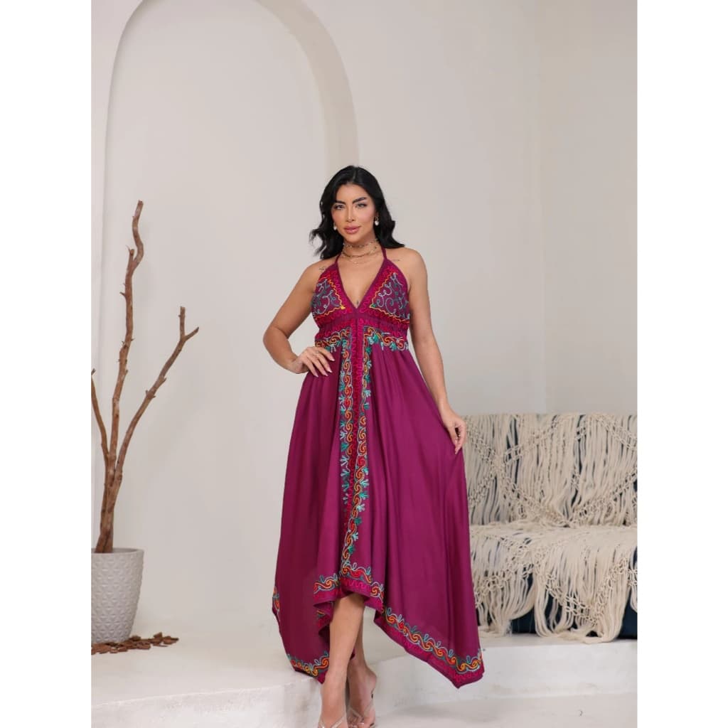 Vestido Longo Indiana Feminino Bordado Barra Ponta Boho Chic Decote V Premium