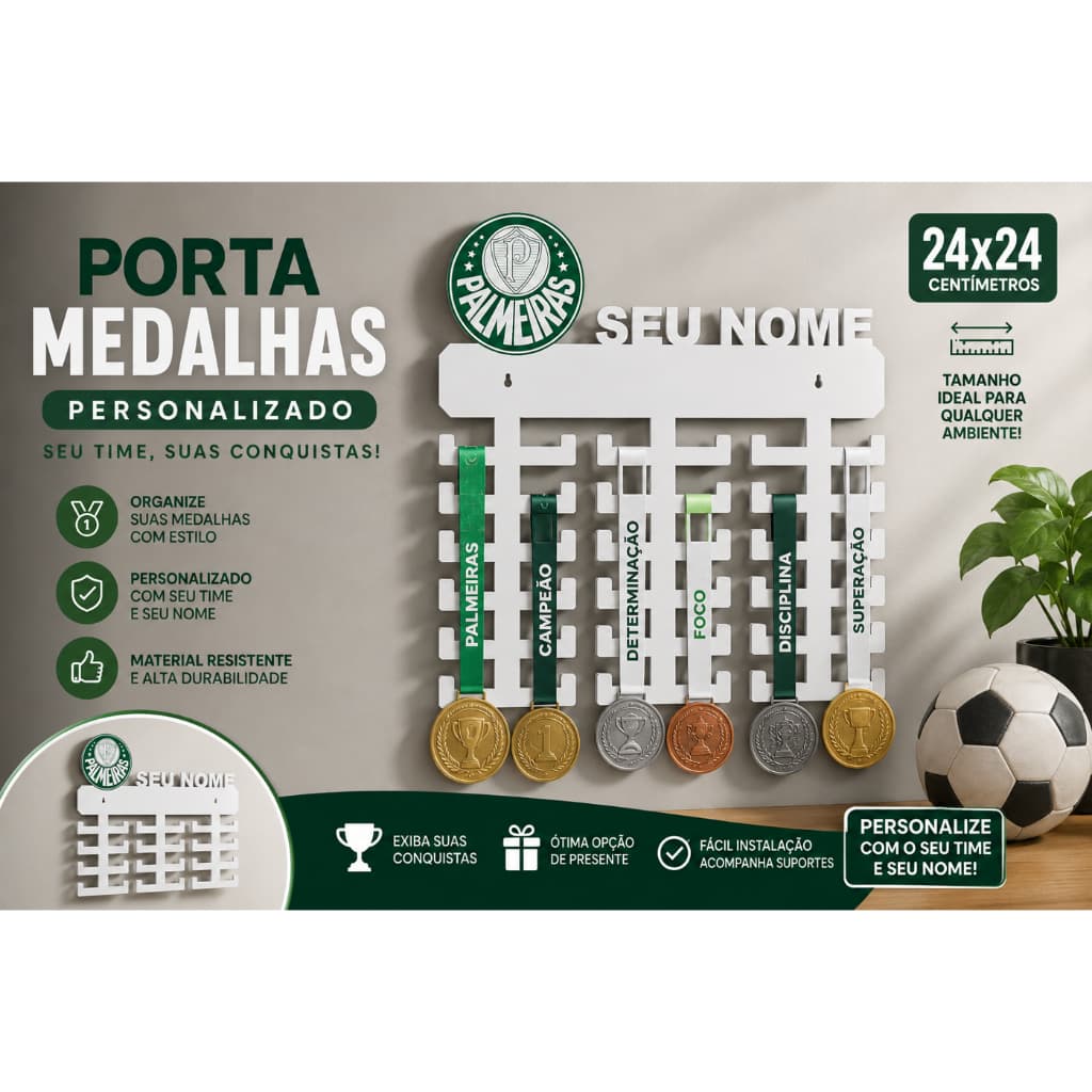Porta Medalhas Personalizado com Nome e Escudo do Seu Time | Impressão 3D Premium | 24x24 cm