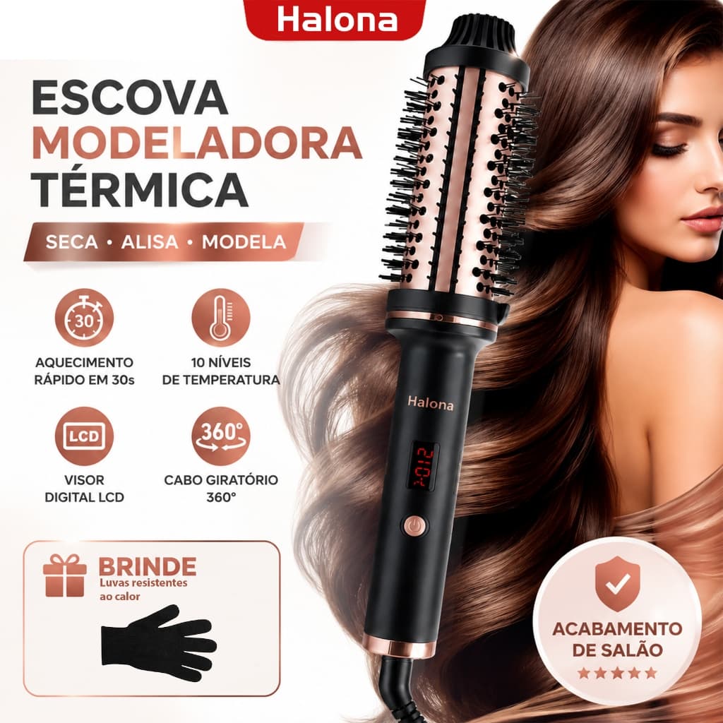 HALONA Escova Rotativa 2 em 1 Secadora Alisadora Modeladora Bivolt 100-220V Profissional Cerâmica Anti Frizz