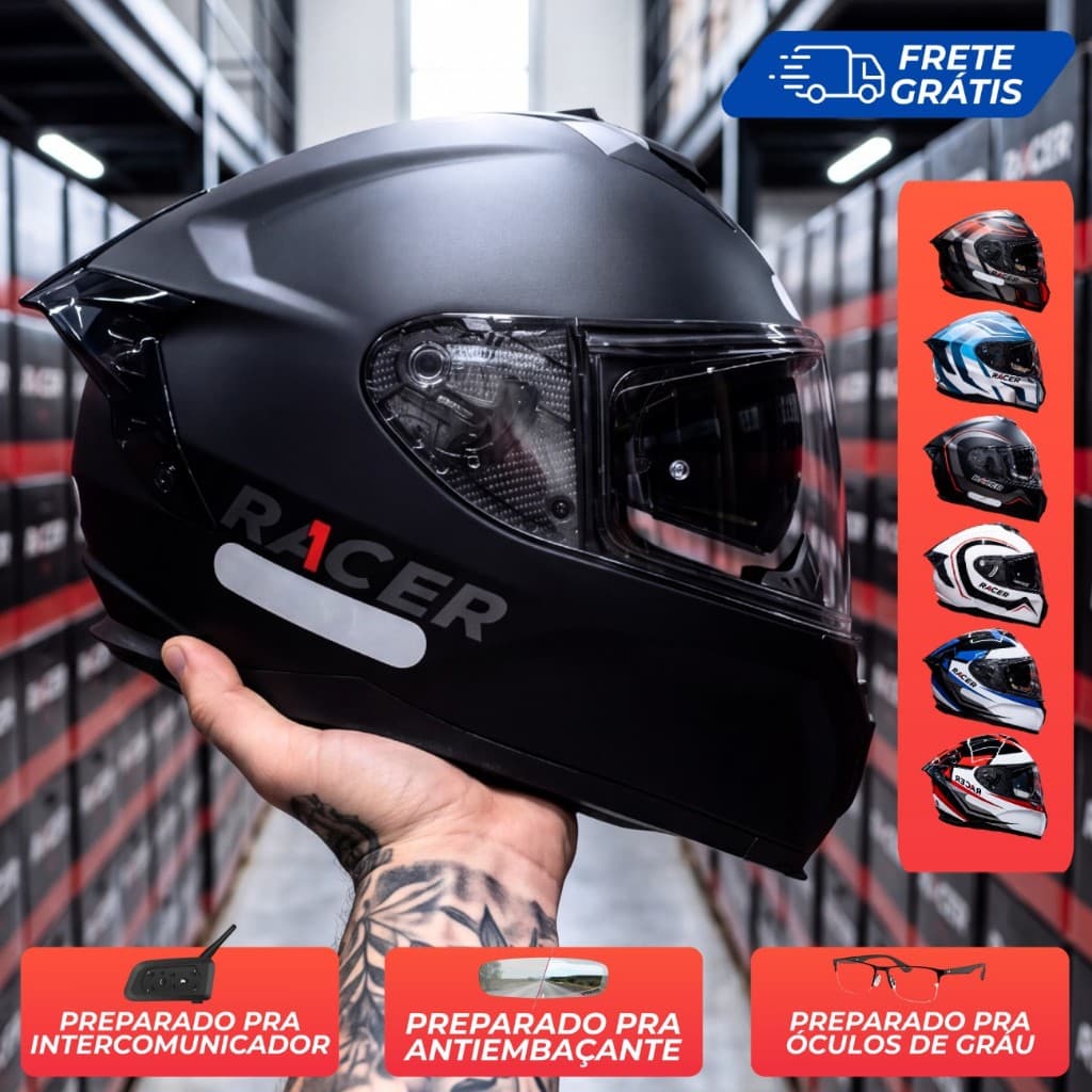 Capacete Fechado Com Óculos Interno Racer1 Rc2 Modelos