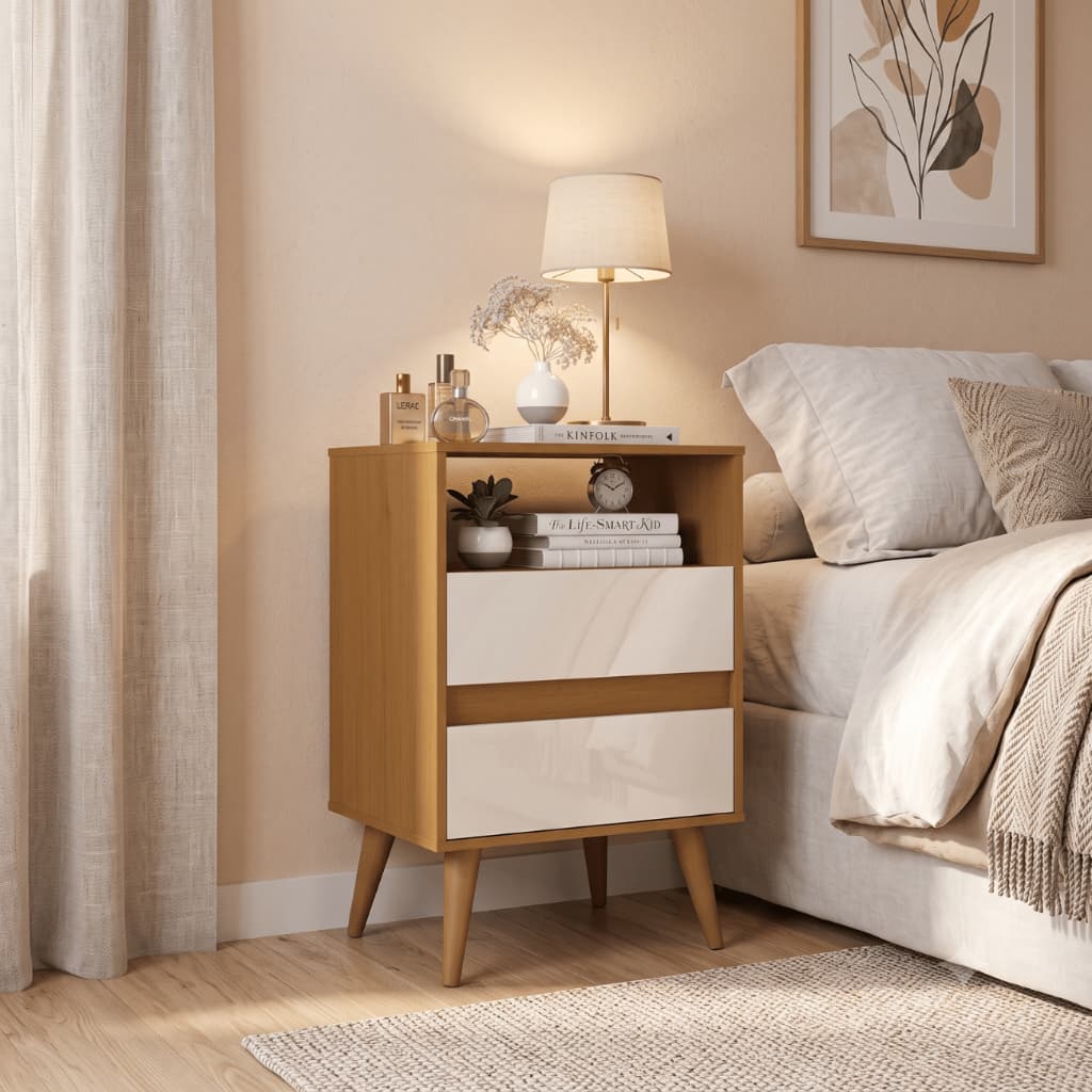 Mesa De Cabeceira Ideal Criado Mudo Gavetas Pés Palito Quarto Moderno Retrô Compacta