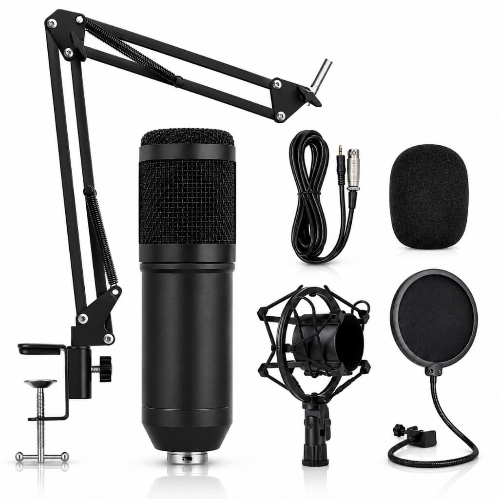 Kit Microfone Profissional Condensador com Braço de 80cm Espuma Abafador